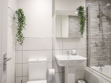 A bathroom with a toilet, pedestal sink, wall-mounted mirror cabinet, bathtub with shower, and hanging plants at Steps Away in Benllech