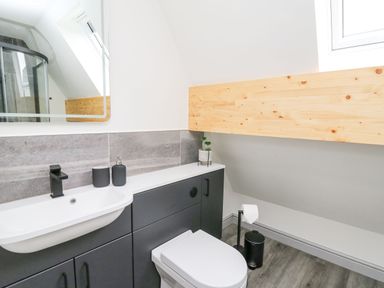 A bathroom with a sink, toilet, mirror, and wooden paneling at Kerry Hill - The Sheepfold in Llanyre near Llandrindod Wells