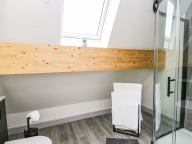 A bathroom with a towel stand shower and a skylight window at Kerry Hill - The Sheepfold in Llanyre near Llandrindod Wells