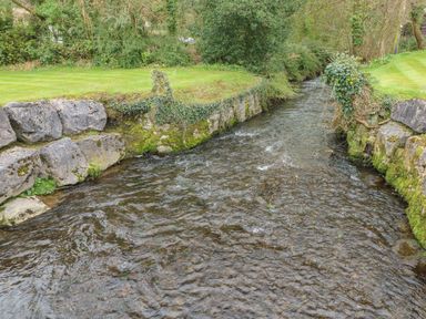A stream flowing between mossy stone walls with grass and trees on both sides at Cwtch Lodge 42 Stepaside near Wisemans Bridge