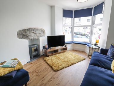 A living room with blue sofas a yellow rug a television on a wooden stand and a bay window with blue blinds at Bryn Derfel in Borth-y-Gest near Porthmadog