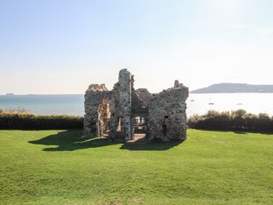 Ruins of a stone building on a grassy area with the sea and boats in the background at Castle Cove View in Castle Cove