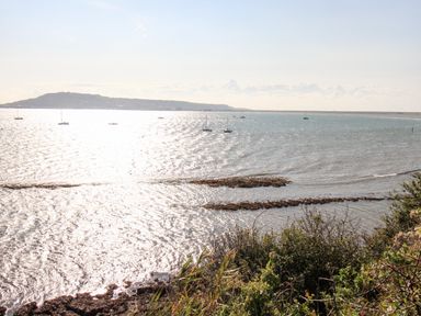 A coastal view with boats on water and an island in the distance at Castle Cove View in Castle Cove