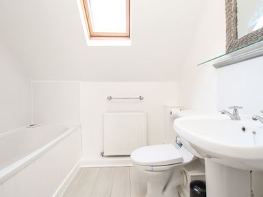 A bathroom with a bathtub toilet sink and skylight window at Castle Cove View in Castle Cove
