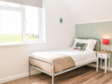 A bedroom with a single bed a pillow and bedside table with a lamp at Pepperpots in Mawgan Porth