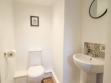 A bathroom with a toilet sink and a mirror at Plas Iolyn in Pentrefoelas near Betws-Y-Coed