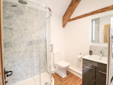 A bathroom with a curved glass shower enclosure a toilet and a sink with a cabinet under a wooden beam at Plas Iolyn Pentrefoelas near Betws-Y-Coed
