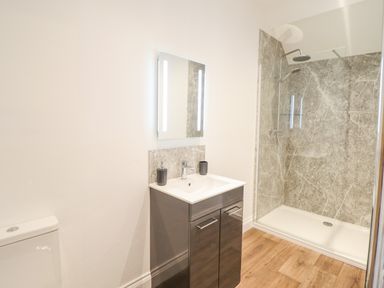 A bathroom with a toilet, sink with cabinet, mirror with lights, and a walk-in shower at Plas Iolyn in Pentrefoelas near Betws-Y-Coed