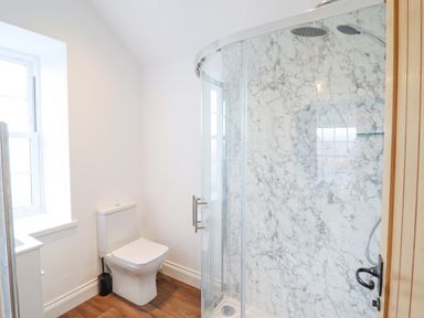 A bathroom with a toilet and a glass shower enclosure with marble patterned walls at Plas Iolyn in Pentrefoelas near Betws-Y-Coed