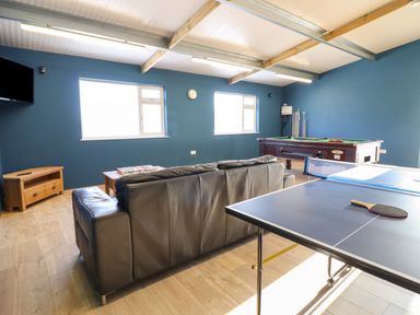 A game room with a leather sofa a ping pong table a pool table and a wall-mounted tv at Plas Iolyn in Pentrefoelas near Betws-Y-Coed
