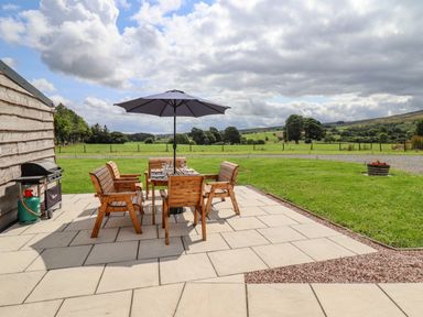An outdoor patio with wooden table and chairs under an umbrella next to a barbecue grill and green grass at Plas Iolyn in Pentrefoelas near Betws-Y-Coed