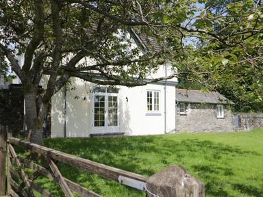A garden with a tree and wooden gate in front of a house with white walls and a stone outbuilding at Home Farmhouse in Graythwaite near Hawkshead