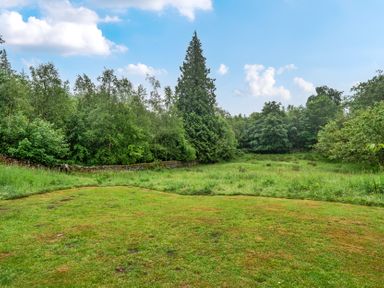 A garden with trees and a stone wall at Home Farmhouse at the Graythwaite Estate near Hawkshead