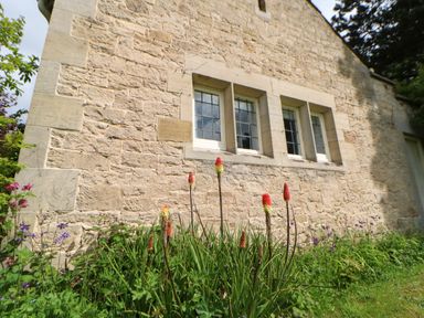 A stone house wall with four windows and flowers growing in front at The Coach House in Shepherd's Dene near Corbridge