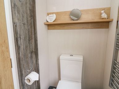 A toilet with a shelf above it holding a mirror a ceramic rabbit and a bathroom sign at Woodland Escape in Rhayader