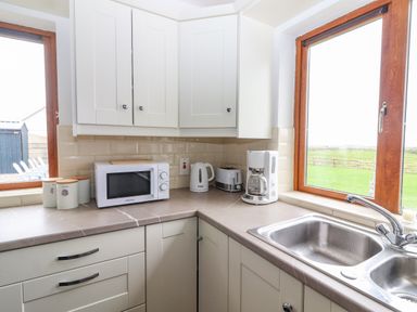 A kitchen corner with white cabinets microwave kettle toaster coffee maker and double sink at Cherry Blossom Cottage in Quilty County Clare