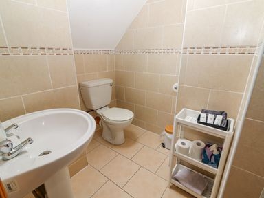 A bathroom with a toilet sink and shelving unit with toiletries at Cherry Blossom Cottage in Quilty County Clare