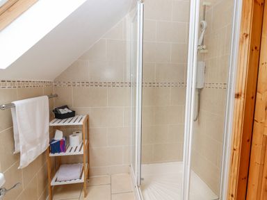 A bathroom with a corner shower enclosure a wooden shelf with towels and toilet paper and a towel hanging on a rail at Cherry Blossom Cottage in Quilty County Clare