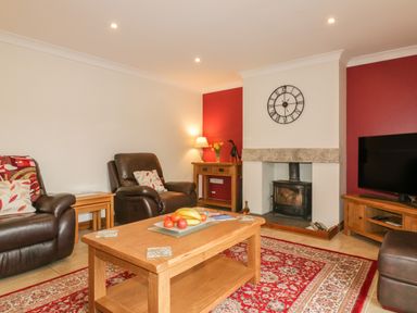 A living room with leather chairs a wooden coffee table fireplace and a television at Meadowside in Goonhavern