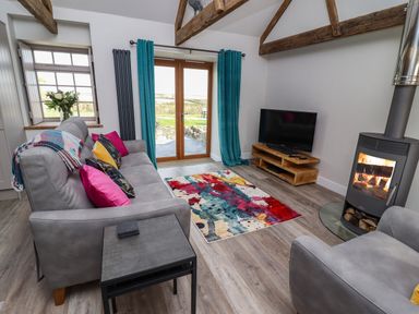 A living room with a sofa and armchair a colorful rug a wood burning stove and a TV at The Roost in Porthallow