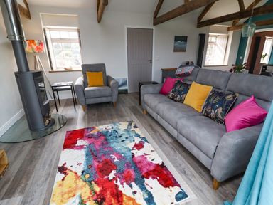 A living room with a grey sofa and armchair with colorful cushions a multicolored rug and a wood burning stove at The Roost in Porthallow