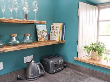 A kitchen corner with a kettle, toaster, glass jars, cookbooks on wooden shelves, and a potted plant on a windowsill at The Roost in Porthallow