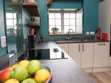 A kitchen with white cabinets a sink a window above the sink a countertop with a bowl of fruit knives a kettle and a fire extinguisher at The Roost in Porthallow