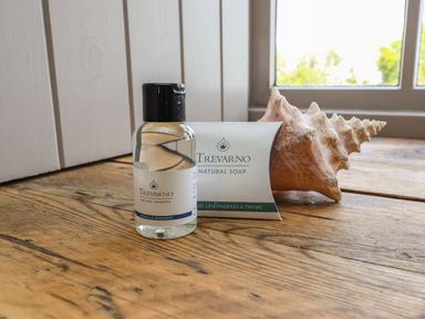 A small bottle of shampoo and a soap package with a sea shell on a wooden surface near a window at The Roost in Porthallow