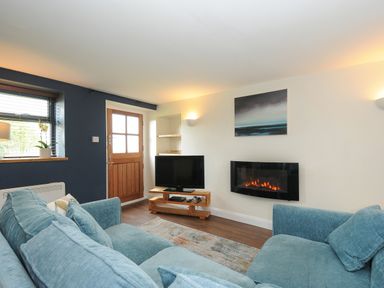 A living room with blue sofas a wooden door a television and a wall mounted electric fireplace at The Bower in Manaccan near St Keverne