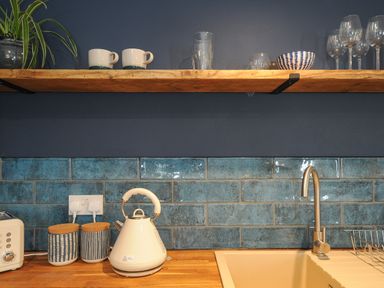 A kitchen countertop with a kettle cups and a toaster below a wooden shelf with mugs glasses and a plant at The Bower in Manaccan near St Keverne
