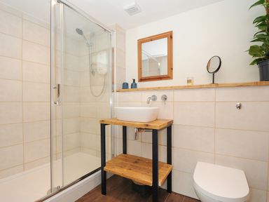 A bathroom with a glass-enclosed shower wooden sink stand wall-mounted faucet mirror and a toilet at The Bower in Manaccan near St Keverne