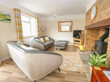 A living room with grey sofas yellow plaid curtains a brick fireplace and a television at Dove's Nest in Martham