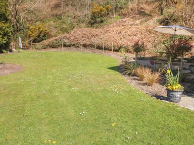 A grassy garden area with a patio umbrella and outdoor seating surrounded by plants and flowers at 1 Closheen Lane in Rosscarbery County Cork