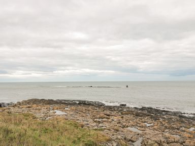 A rocky shoreline and grassy area with the sea and cloudy sky in the background at Summer Rose in Craster