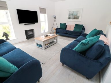 A living room with three blue sofas, a coffee table, a TV mounted on the wall, and a small stove at Summer Rose in Craster