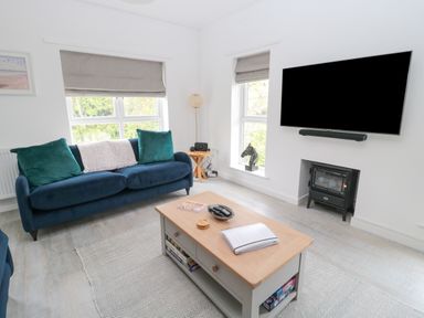 A living room with a blue sofa green cushions a wooden coffee table and a wall mounted television at Summer Rose in Craster