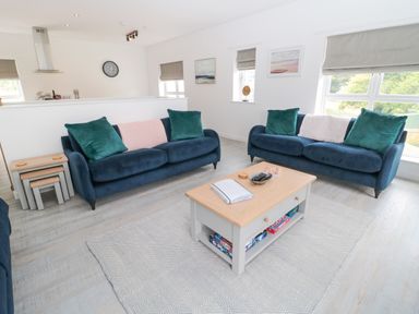 A living room with two blue sofas green pillows a wooden coffee table and wall art at Summer Rose in Craster