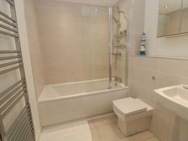 A bathroom with a bathtub shower, toilet, sink, and a towel radiator at Summer Rose in Craster