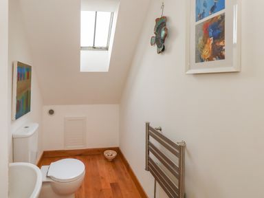 A bathroom with a toilet, sink, towel radiator, skylight, and wall decorations at Sandy Combe in West Bay