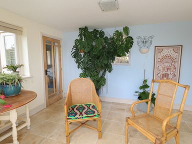 A room with two wicker chairs a wooden round table with plants a large leafy plant on a blue wall and a glass-paneled wooden door at Sandy Combe in West Bay