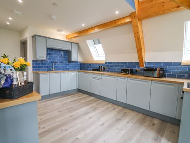 A kitchen with blue cabinets wooden countertops and blue tiled backsplash at Hill Radnor - The Sheepfold Llanyre near Llandrindod Wells