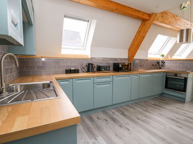 A kitchen with wooden countertops blue cabinets kitchen appliances and skylight windows at Brecknock Cheviot - The Sheepfold in Llanyre near Llandrindod Wells