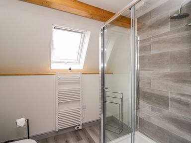 A bathroom with a shower enclosure a wall-mounted heater and a small window at Brecknock Cheviot - The Sheepfold Llanyre near Llandrindod Wells