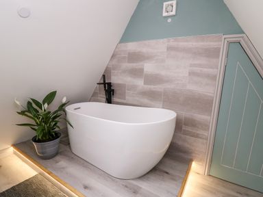 A bathroom with a white freestanding bathtub a potted plant and a blue door at Brecknock Cheviot - The Sheepfold in Llanyre near Llandrindod Wells