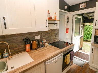 A kitchen countertop with a sink a kettle cooking utensils and an oven next to a door leading outside at Doirewood Penlan Holiday Park near Cenarth