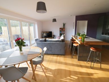 An open plan living area with a dining table with chairs a sofa a TV kitchen island with stools and flowers at The Linhay in Cadeleigh near Tiverton