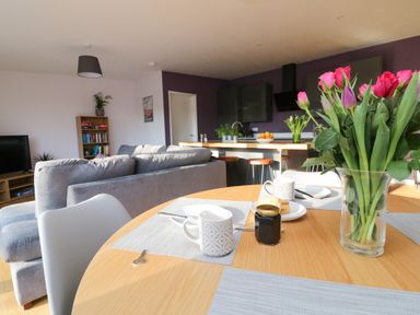 An open living space with a dining table, grey sofa, and kitchen area with stools at The Linhay in Cadeleigh near Tiverton