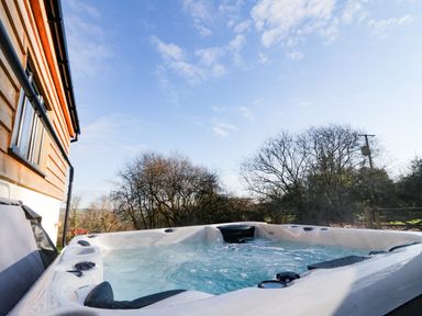 An outdoor hot tub next to a wooden building with trees and blue sky at The Linhay in Cadeleigh near Tiverton