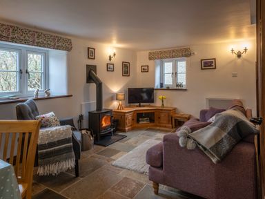 A living room with a wood-burning stove two windows a gray armchair and a purple sofa at Wavering in Compton Bishop near Axbridge