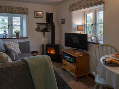 A living room with a sofa a wood burning stove a television on a wooden stand and a dining table at Crooks in Axbridge